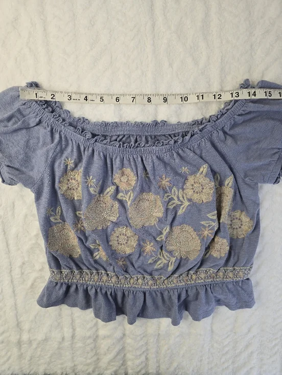 American Eagle Crop Top Blue Embroidered Floral Off Shoulder Short Sleeve M - Picture 9 of 12
